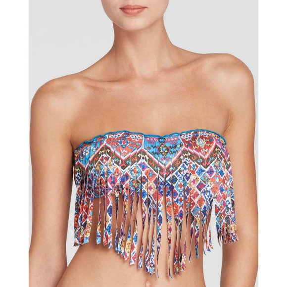Lucky Brand Cafe Print Fringe Bandeau Bikini Top - Picture 1 of 8